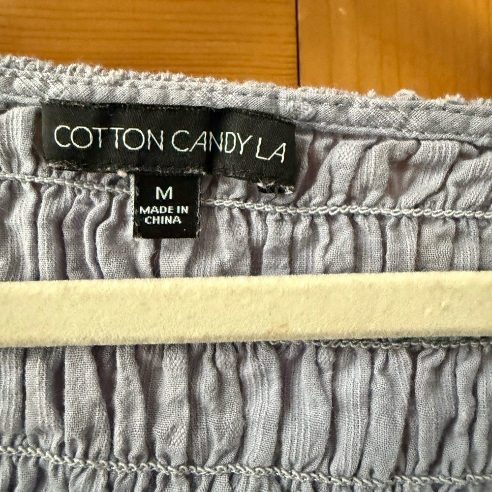 Blue Smocked Puff Sleeve Top by the brand Cotton Candy LA deep v neck cropped - Picture 3 of 6
